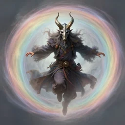 hardmesh detail portrait and full body of flying wizard, wearing horned mask, surrounded by a pale rainbow colored tornado, detailed, realistic, long hair, levitating wizard, inside the tornado ultra realistic, concept art, highly detailed, d & d, fantasy, highly detailed, digital painting, trending on artstation, concept art, sharp focus, illustration, art by artgerm and greg rutkowski and magali villeneuve