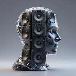 a 3 d god - being head made of speaker stacks. profile shot. liquid light, metallic, galactic, crystalline edges, elegant, centered, photorealistic, inspired by james jean, okuda sam miguel, tooth wu, android jones, beeple, nvidia raytracing demo