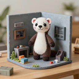 an adorable ferret crochet plushie in a brutalist diorama playset on a table