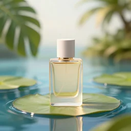 perfume bottle sitting on a lilypad in the middle of a blue lake, close up shot, upfront, surrounded by tropical leaves, blurred tropical background, softly - lit, soft - warm, zen, light, modern minimalist f 2 0 clean