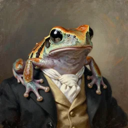 a head - and - shoulders portrait of an amazon milk frog looking off camera wearing a black suit jacket, tan vest, and white ascot, an american romanticism painting, a portrait painting, cgsociety, soft focus, oil on canvas