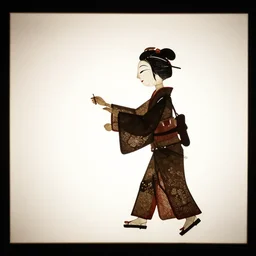 shadow puppet show on white screen of an old japanese woman plucking a string from the chest of a giant bear, backlit, shadows, soft shadows, sharp shadows