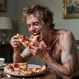 bright realistic anorexic man puking pizza and smiling franticly, apartment, rotten flesh, diffuse lighting, fantasy, intricate, elegant, highly detailed, lifelike, photorealistic, digital painting, artstation, illustration, concept art, smooth, sharp focus, art by francis bacon and jenny saville