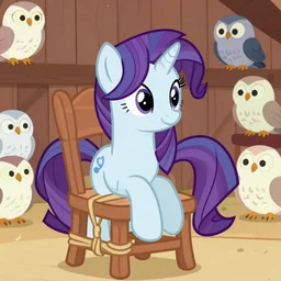 twilight sparkle tied to a chair, in a barn, surrounded by owls, friendship is magic, mlp, tied to a chair with a rope, struggling, owls are all around her, extremely detailed, pixiv, beautiful, painterly