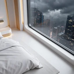 top angle close up photography looking down at a corner of a futuristic confy white bedroom, sheets lying in the floor against a corner window, with some wood and gold details and a huge futuristic single sheet glass window overlooking a cyberpunk metropolis, environmental lighting, stormy weather, ray tracing, amazing view, highly detailed, octane render, unreal engine 5, 4 k