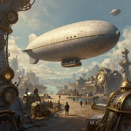 a beautiful and detailed illustration of an airship port in a clockpunk world by Robert McCall, cinematic atmosphere, establishing shot