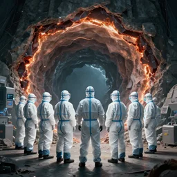 wide - shot photo of a group of scientists in hazmat suits, standing by a hell open rift portal, by shaun tan, codachrome, 8 k, hd, highly detailed,
