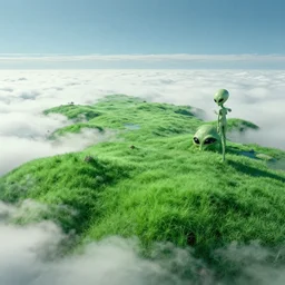 Green alien grasslands in the clouds by Syd Mead, Federico Pelat