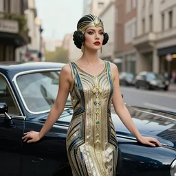 art deco lady by the car city scenic, detailed, photorealistic