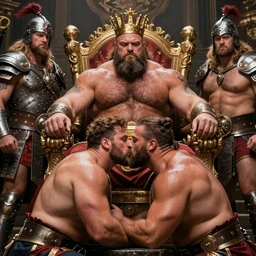 burly hairy manly strongman king on his throne surrounded by and kissing his manly warriors, photography, epic, high resolution, highly detailed, dad energy