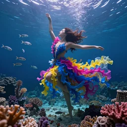 woman dancing underwater wearing a flowing dress made of blue, magenta, and yellow seaweed, amazing corals around her, swirling silver fish, unreal engine, caustics lighting from above, cinematic