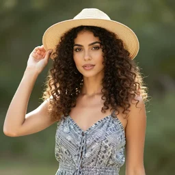 portrait of a woman with curly hair wearing a sundress and hat