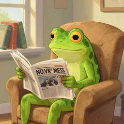 a Frog reading the newspaper in his armchair in the background books near a window by Greg rutkowski, Trending artstation-n6