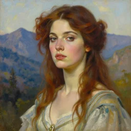 a stunning closeup portrait painting of goddess thandie newton, contemplative, hybrid oil painting, high fashion, western dress, scenic mountain vista background, art by jeremy pitkin, alphonse mucha, greg rutkowski, tim hildebrandt, boris vallejo, artgerm