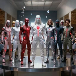 !13 diverse cybersuits on !one_side of a reflective !metal table, !!posing_as_last_supper cinematic lighting, detailed glowing red implants, satin, crystal, liquid, floating, !!highly detailed