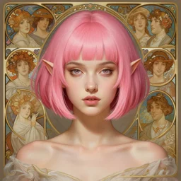 portrait of pink layered bob half elf, intricate, elegant, highly detailed, digital painting, artstation, concept art, smooth, sharp focus, illustration, art by artgerm and greg rutkowski and alphonse mucha and uang guangjian and gil elvgren and sachin teng and wlop, symmetry