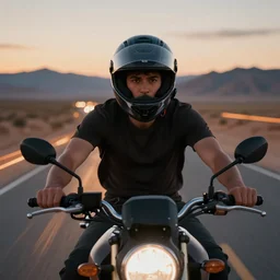 young man on a desert road on a motorcycle, wearing a modular helmet of hypermodern design, driving toward camera, mountains in background, dusk, warm colors, streaks of light, close - up view, worms - eye - view, cinematic view, cinematic lighting, long lens, bokeh, masterpiece by louis klemantaski and james moy