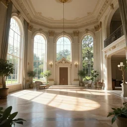 Interior of a mansion with sunlight shining through large windows, digital art, 4K