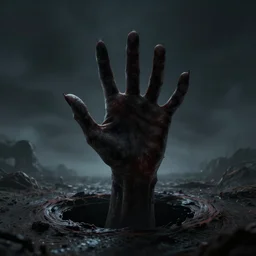 a hand comes out from a black hole in the sky, dark, creepy, detailed, digital art
