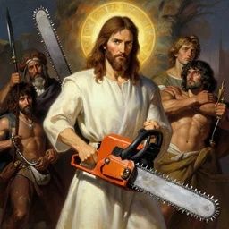 jesus christ holding a chainsaw, jesus christ brandishing a chainsaw, jesus christ texas chainsaw, digital painting, 4 k wallpaper, by hayao miyazaki, kentaro miura, by rembrandt, by moebius, by michelangelo, by frank frazetta, beautiful, holy, gorgeous, biblical, masterpiece