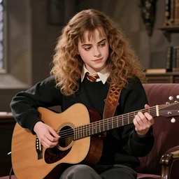 Hermione Granger/Emma Watson wearing a black sweater, playing a guitar, in the Gryffindor common room, digital art by Yoji Shinkawa