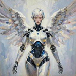 a beautiful painting a portrait of cyborg angel, symetrical scene, symetric character, single character, trending in artstation, octane render, 8 k, by peter mohrbacher, zaha hadi