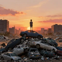 kid standing on pile of cars on garbage dump, wasteland city, sunset sky, nostalgia feeling, greg rutkowski, alphonse mucha, trending on artstation, 4 k highly detailed art, digial art, karl schulschenk, dmitriy eremenkov