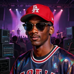 character art by ruan jia, michael jordan wearing wayfarer glasses and red baseball hat at a music concert, iridescent, subsurface scatter, room filled with computer equipment