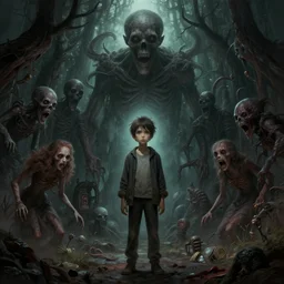 a boy surrounded by lovecraftian horrors, highly detailed, digital painting, trending on artstation, concept art, sharp focus, illustration, art by artgerm and greg rutkowski and magali villeneuve