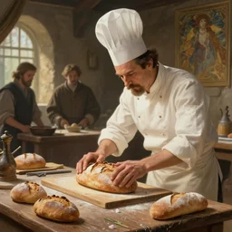 focused medieval chef baking bread natural lighting, path traced, highly detailed, high quality, digital painting, by don bluth and ross tran and studio ghibli and alphonse mucha, artgerm