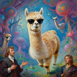Realistic painting of an alpaca with sunglasses flying through a psychedelic dmt world high-detailed oil painting by Ilya Repin, William Blake, Michelangelo da Caravaggio, Alex Grey and Beksinski, masterpiece, 4k