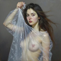 fine art portrait oil painting of a beautiful woman with long hair wearing a plastic garbage bag for clothes, perspective, ultra detailed, elegant, intricate, dynamic lighting, hyperrealism, sharp focus, art by peter mohrbacher and jeremy mann and andrei riabovitchev