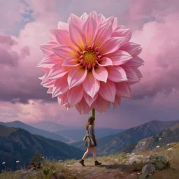 giant dahlia flower crown head, girl walking on mountain, surreal photography, pink storm clouds, dramatic light, impressionist painting, digital painting, artstation, simon stalenhag