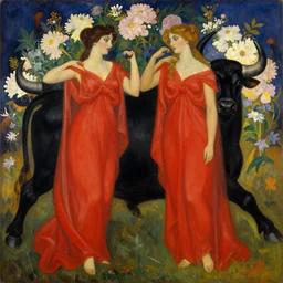 highly detailed painting of gemini goddesses wearing red celestial gowns next to a black bull framed with flowers by tamara de lempicka