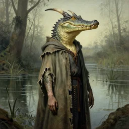 A detailed horned crocodilewoman stands near the swamp. Wearing a ripped mantle, robe. Perfect faces, extremely high details, realistic, fantasy art, solo, masterpiece, art by Zdzisław Beksiński, Arthur Rackham, Dariusz Zawadzki