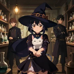 anime visual, portrait of a young hyderabadi female traveler wearing a witch cat in an alchemist's potion shop interior, cute face from genshin impact, katsura masakazu and yoh yoshinari,, cinematic luts, dynamic pose, dynamic perspective, strong silhouette, anime cels, ilya kuvshinov, crisp and sharp, rounded eyes, moody, genshin impact colors