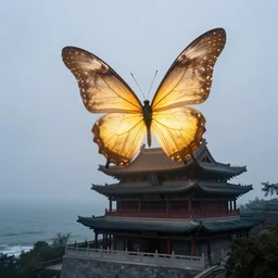on a foggy morning, cloudy day, a giant glowing butterfly inhabits an ancient china shanxi building above the ocean, by craig mullins
