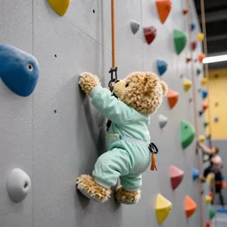 “teddybear in mint green onesie climbing a rock wall top rope, colorful indoor gym”