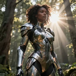 hyperrealistic very beautiful black woman highly detailed exoskeleton armor in a forest sun behind her god rays concept art eric zener elson peter dramatic light low angle hd 8k sharp focus