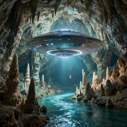 strange flying saucer sleek alien spacecraft in a beautiful huge cave with stalactites, stalagmites, underwater glittering river, volumetric light, by greg rutkowski