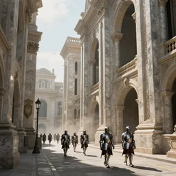 capital city of a fantasy kingdom with a few knights in armor marching down the empty street and tall marble buildings with fantasy roman architecture, by Greg Rutkowski