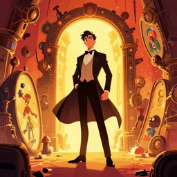 arrogant elegant man travels through time via steampunk portals, pixiv fanbox, dramatic lighting, maximalist warm color palette, splatter paint, pixar and disney exploded - view drawing, graphic novel by fiona staples and dustin nguyen, peter elson, alan bean, wangechi mutu, clean cel shaded vector art, trending on artstation