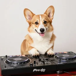 corgi DJing with DJ turntables