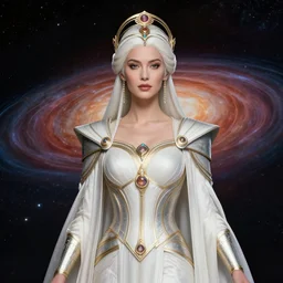 portrait of the powerful empress of the solar system in the style of ian mcque and in the style of stephan martiniere. glowing, ornate and intricate linework, stunning, dynamic lighting, ultrafine and hyperdetailed.