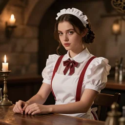 young attractive beautiful bar maid in a medieval tavern illuminated by candles at night, wow 4 k detail fantasy, matte painting, realistic materials, photo realistic, postprocessing, cinematic, hyperrealistic, studio lighting, photography by richard jenkins