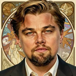 photo closeup portrait of leonardo dicaprio in don't look up, long hair, masculine, with beard, majestic, ultrarealistic, intricate, elegant, extremely detailed photo, trending artstation, concept art, sharp focus illustration art by alphonse mucha