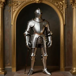 the great knight stands in gleaming armor, baroque portrait