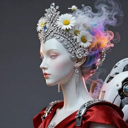 digital art of a beautiful cyber queen portrait with a porcelain profile face, natural soft rim light, headdress made of smoke and diamonds, daisies, colorful vapor, expensive red fabric, cyberpunk metallic brackets, ferra white mecha, by alexander mcqueen, octane highly render, 4 k, ultra hd