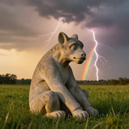concrete gargoyle!!, sitting in the grass, lighting strikes and rainbows!!!! in the background, golden hour, 4 k, realistic photograph, 5 0 mm
