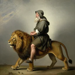 old man ( wise long white beard wearing a hooded tunic ) riding on lions back by vermeer